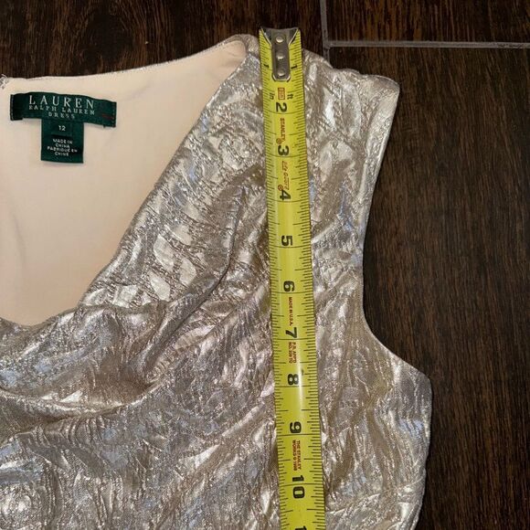 Lauren Ralph Lauren Metallic Silver Cowl Neck Cocktail Dress – Size 12 EUC - Picture 15 of 17